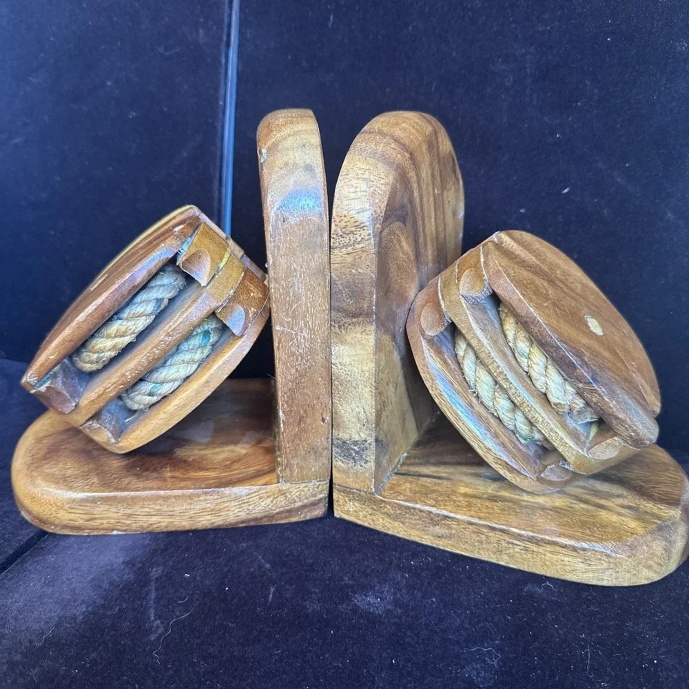 Vintage Book Ends Maritime Nautical Wood Pulley